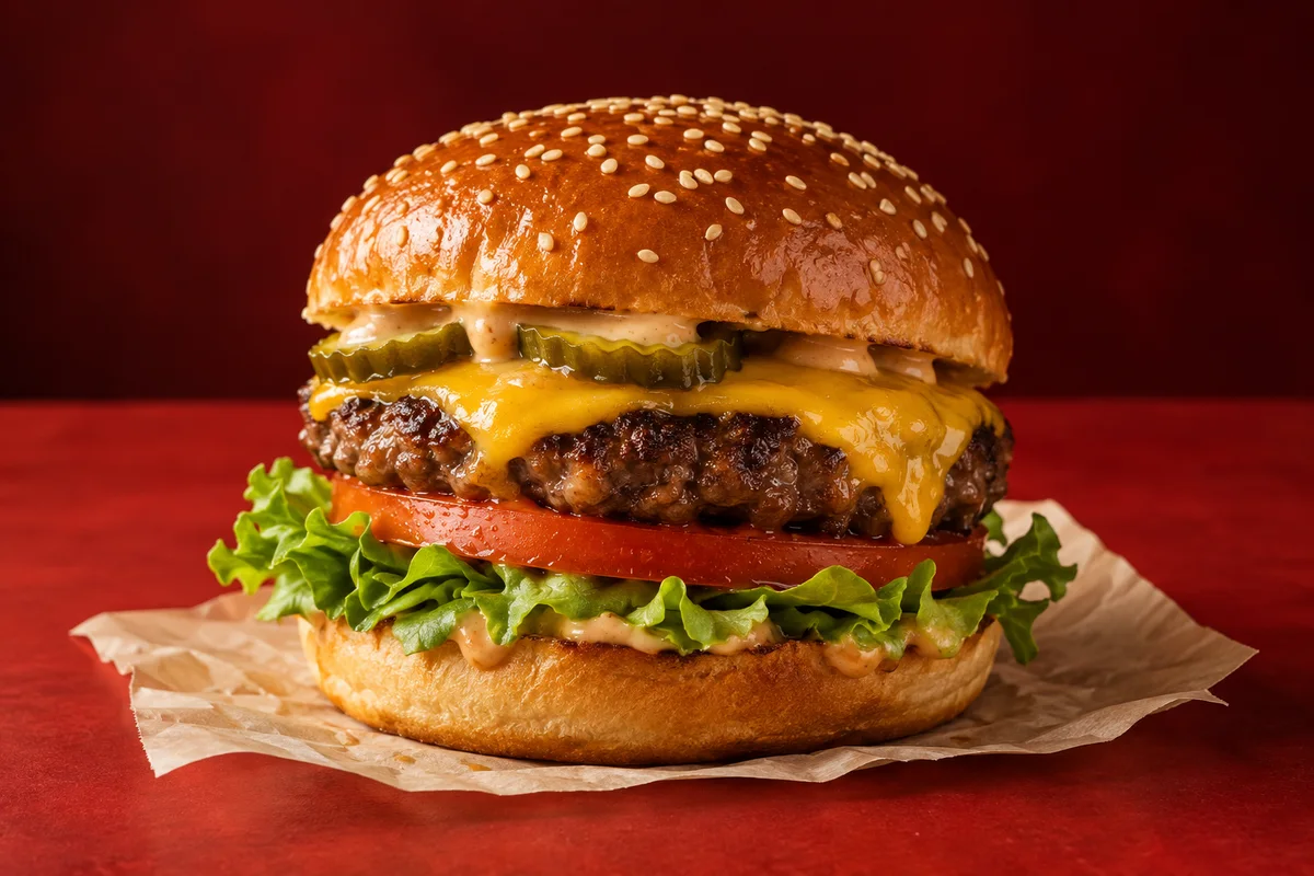 Burger med bøf, smeltet ost og grønt.