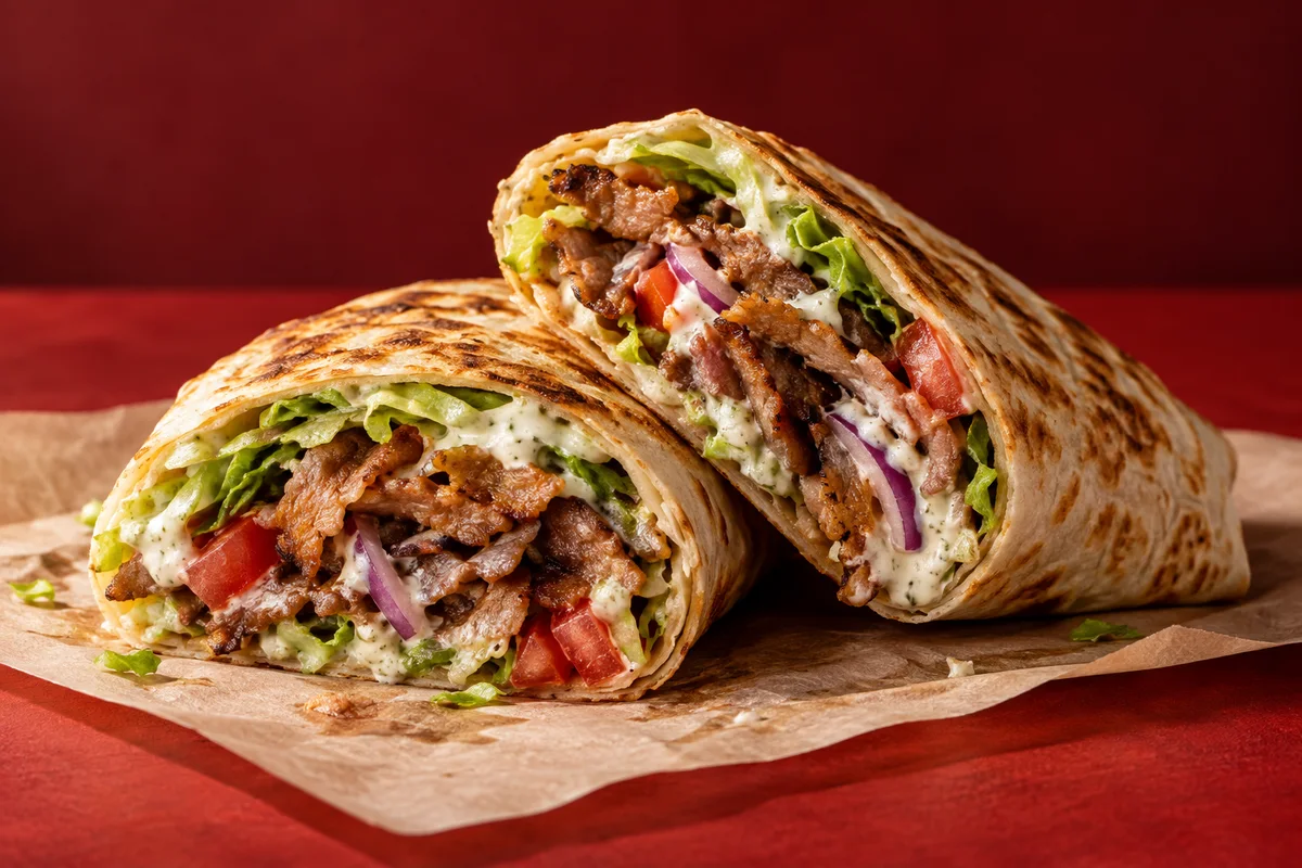 Durum med kebab, grønt og dressing.