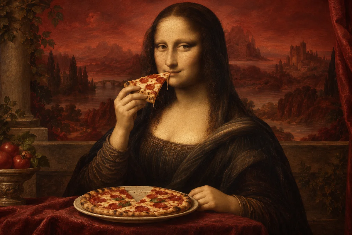 En legende fortolkning af Mona Lisa, der spiser en skive pizza.