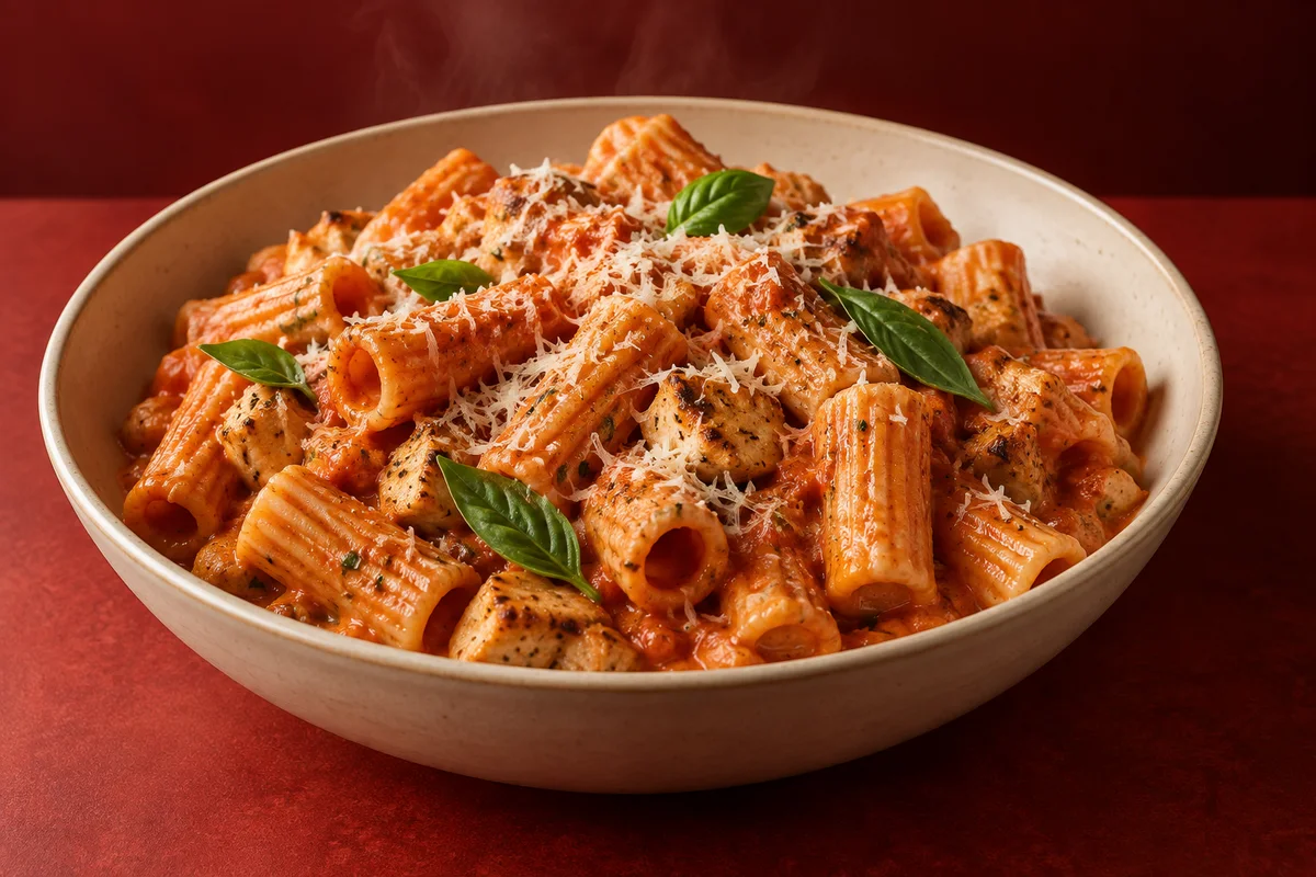 Pasta med cremet tomatsauce, kylling og basilikum.