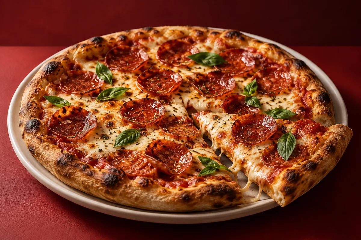Pizza med pepperoni, smeltet ost og basilikum.